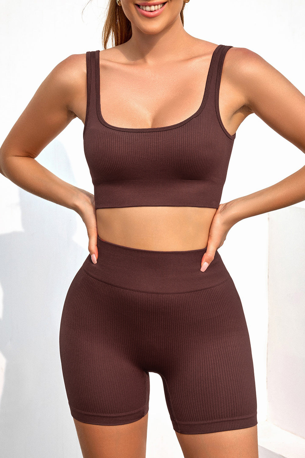 Black 2pcs Solid Color Ribbed Knit Yoga Set