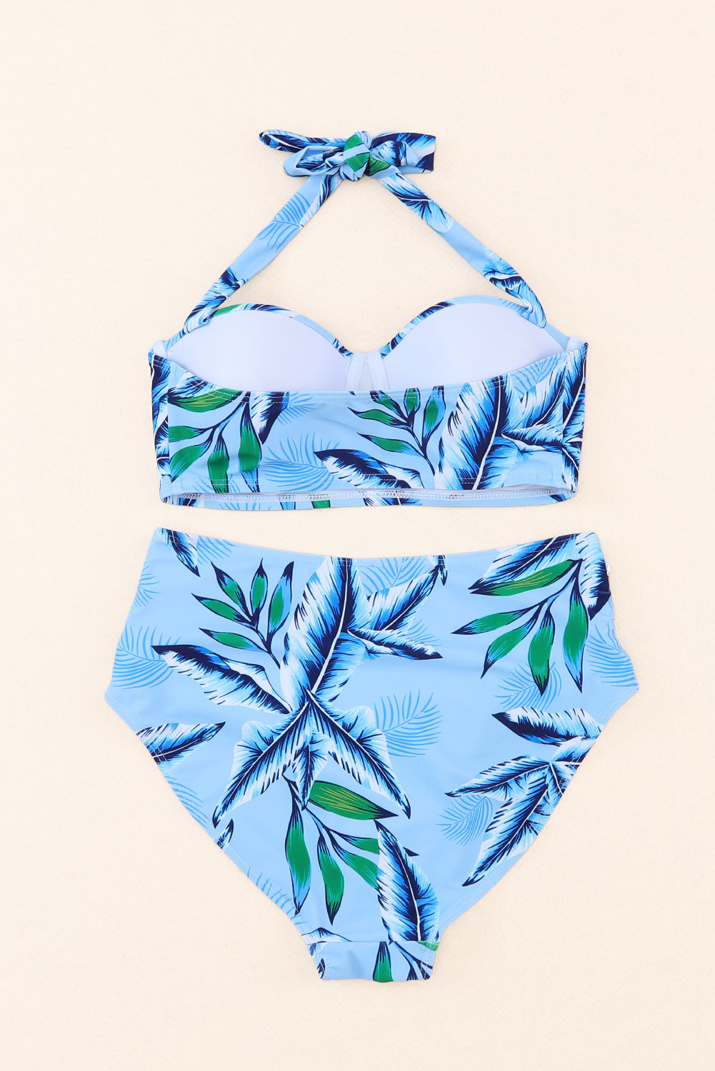 Sky Blue Tropical Leaf Print Self-tie Halter Bikini High Waist Swimsuit