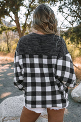 Black Buffalo Plaid Splicing Split Neck Knit Top