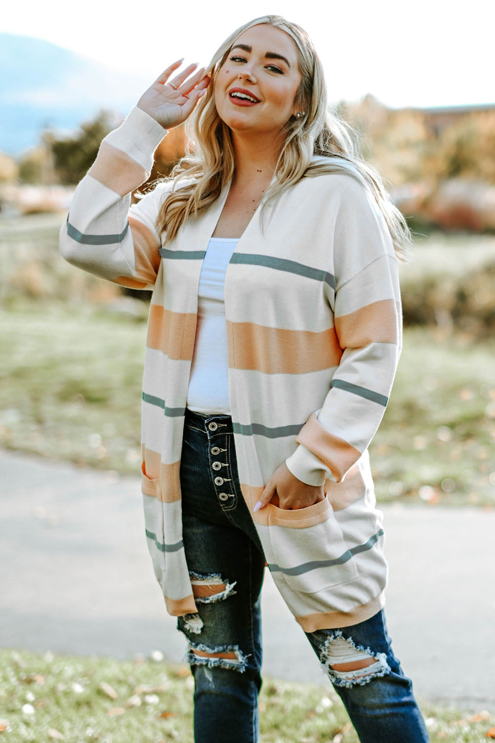 White Striped Knit Side Pockets Plus Size Cardigan