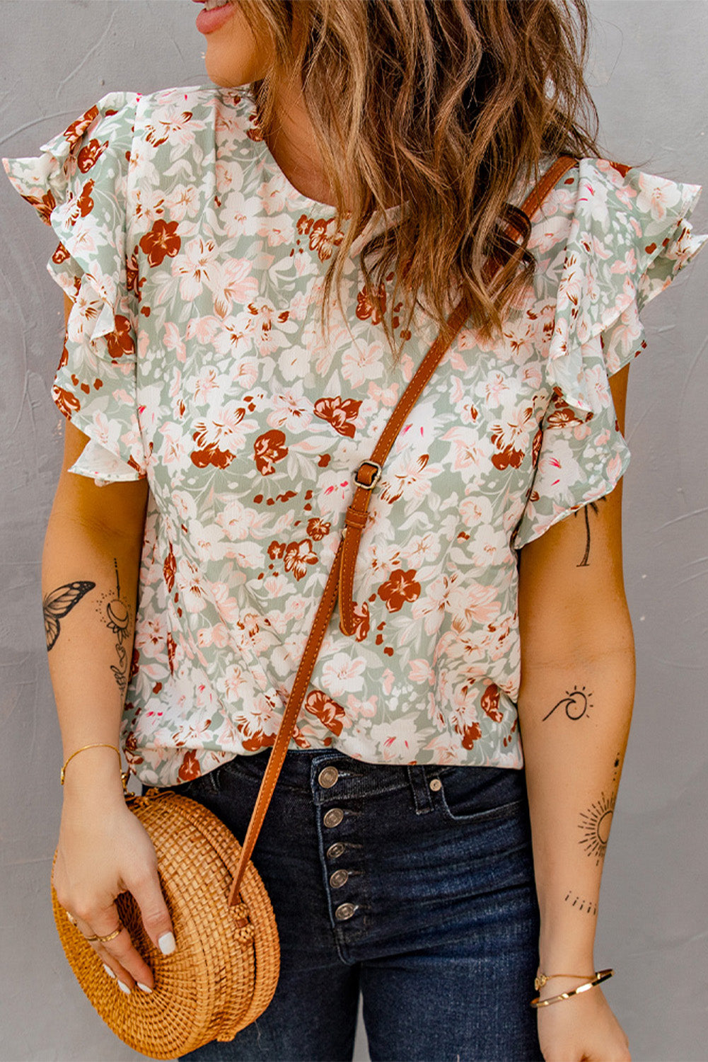 Green Floral Ruffle Short Sleeve Tee