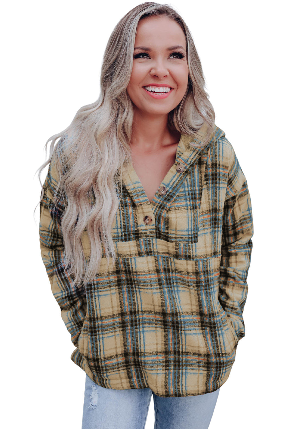 White Plaid Button Neck Pocketed Pullover Hoodie