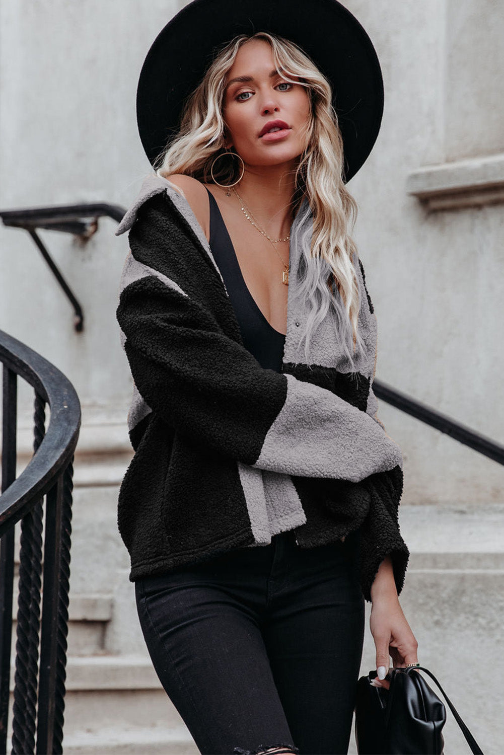 Black Colorblock Checkered Sherpa Jacket