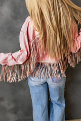 Pink Distressed Fringed Cropped Denim Jacket