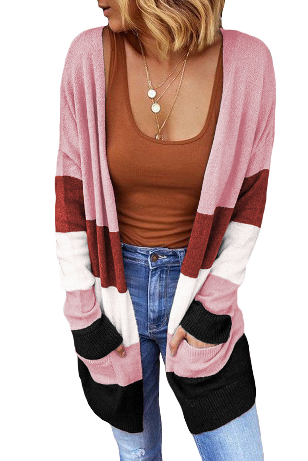 Khaki Open Front Colorblock Cardigan with Pockets