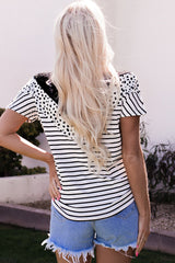 White Chevron Colorblock Lace Leopard Striped Print Short Sleeve Top