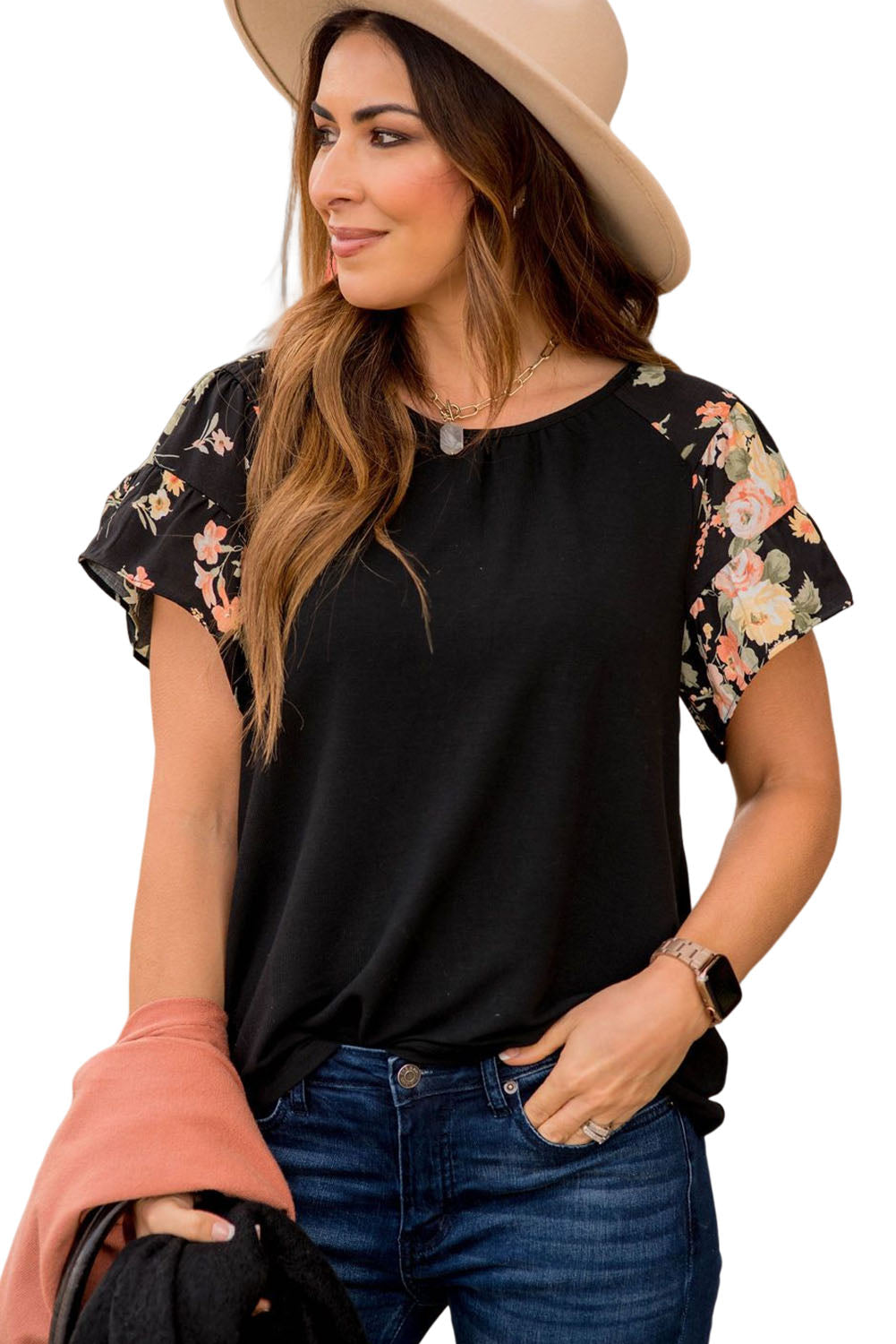 Black Tiered Floral Raglan Sleeve T Shirt