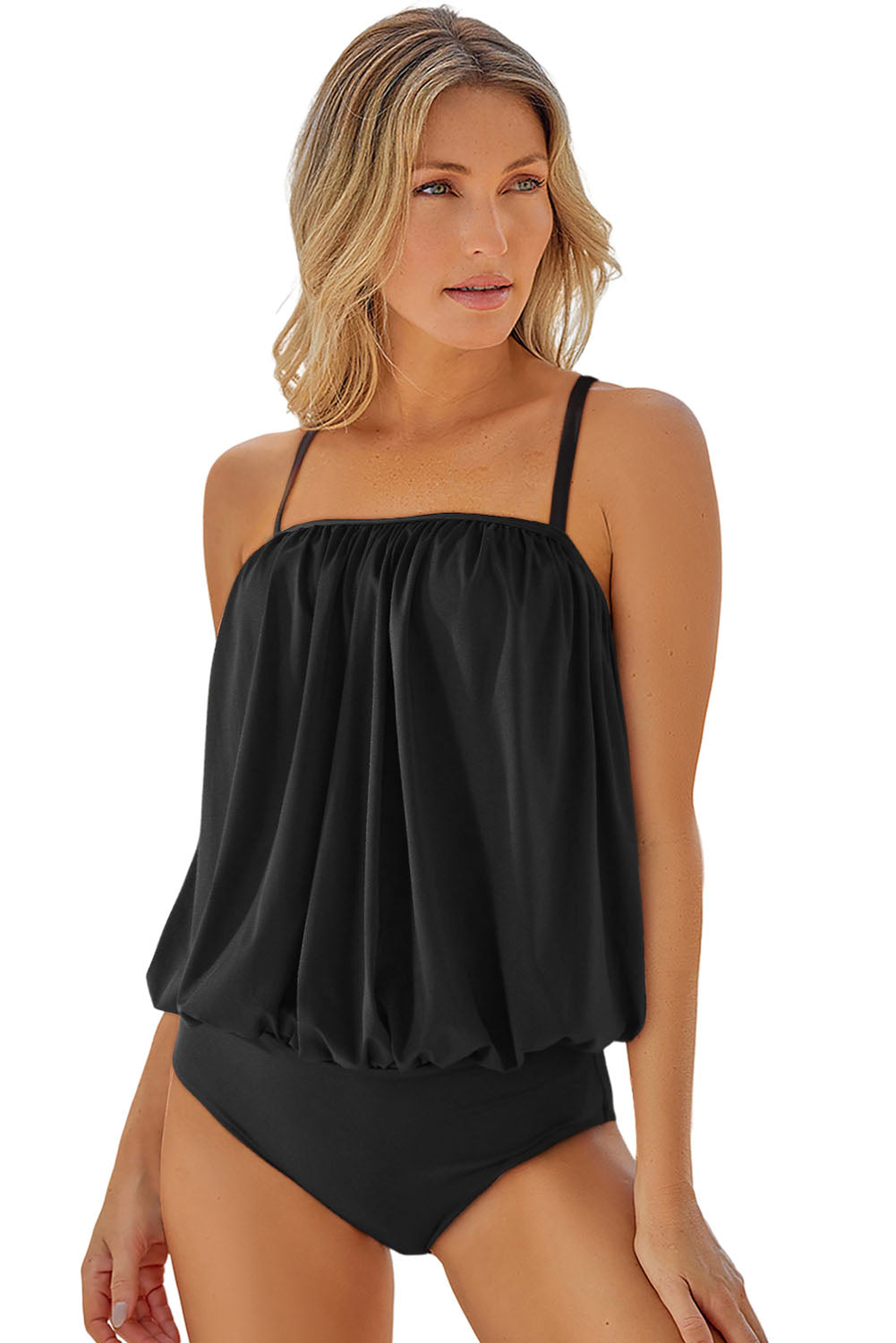 Black Draped Spaghetti Straps One-piece Swimwear