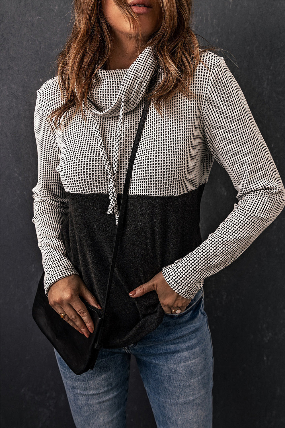 Gray Drawstring Cowl Neck Color Block Sweatshirt