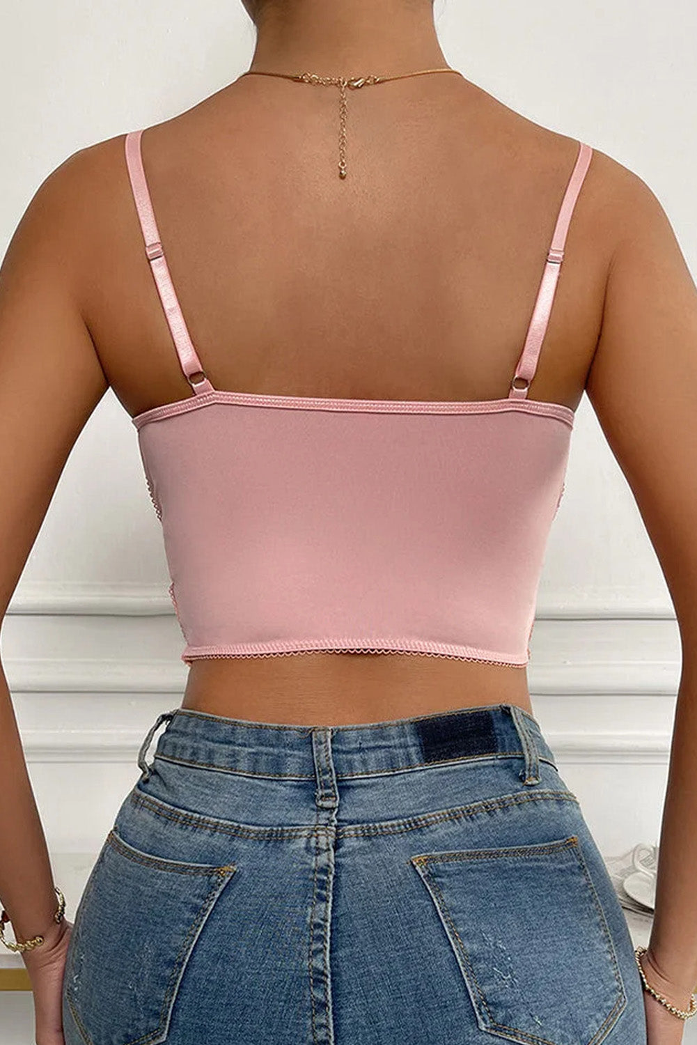 Pink Embroidered Butterfly Side Tie Mesh Bustier Bralette