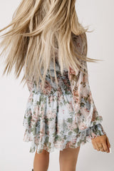 Green Floral Print Tiered Ruffled Shirred High Waist Mini Dress
