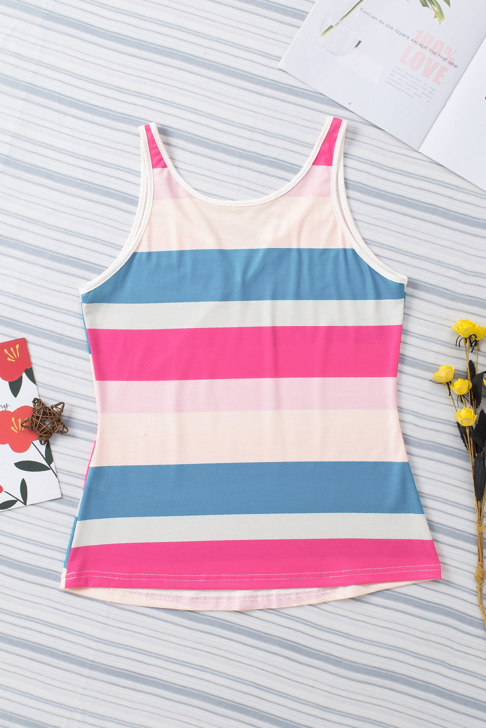 Rose Striped Color Block Notched Neck Tank Top