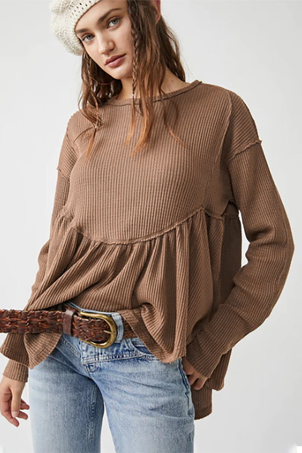 Brown Solid Color Ribbed Peplum Long Sleeve Top