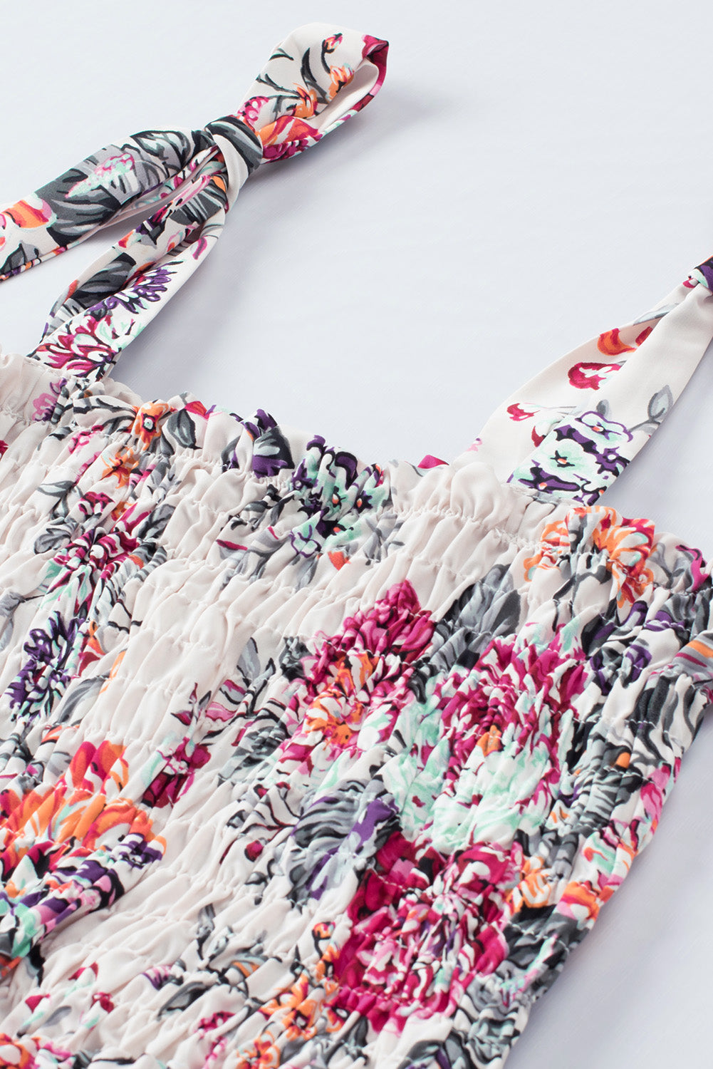 Sky Blue Tie Straps Smocked Floral Dress