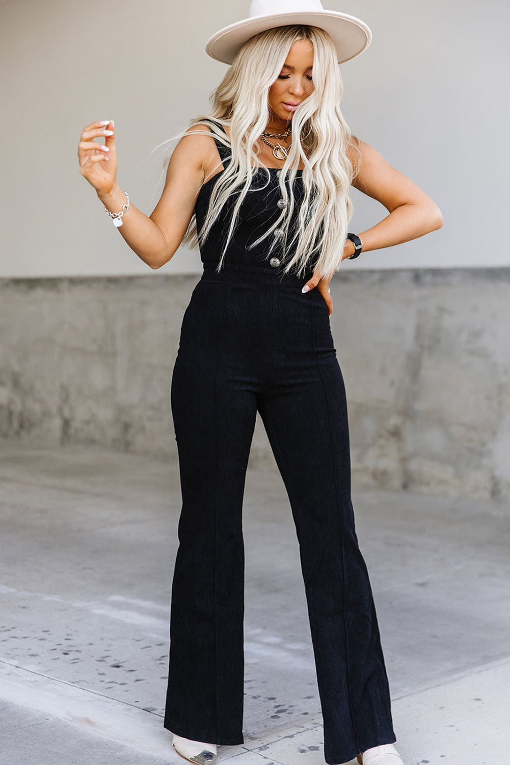 Black Sleeveless Buttoned Bodice Wide Leg Corduroy Jumpsuit