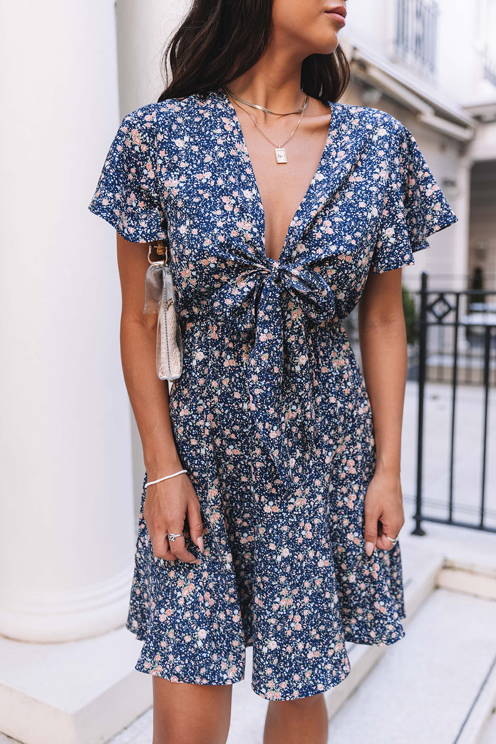 Blue Floral Print Tie Knot Ruffled Short Sleeve Mini Dress