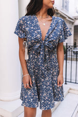 Blue Floral Print Tie Knot Ruffled Short Sleeve Mini Dress