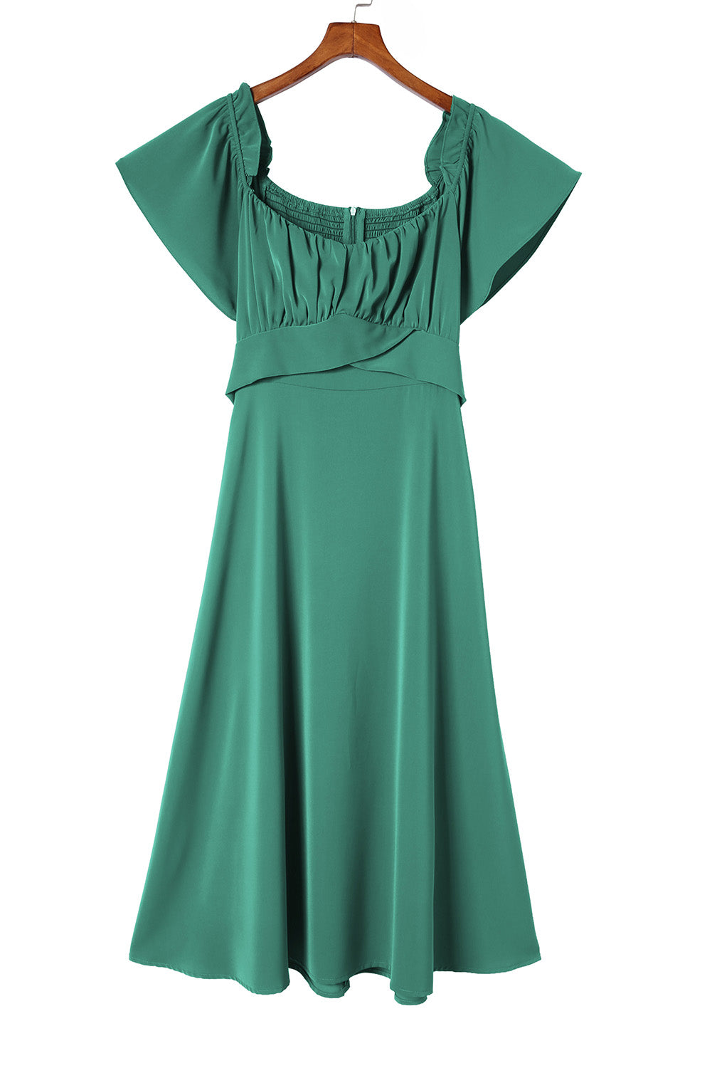 Green Off-shoulder Smocked Tie Back Midi Dress