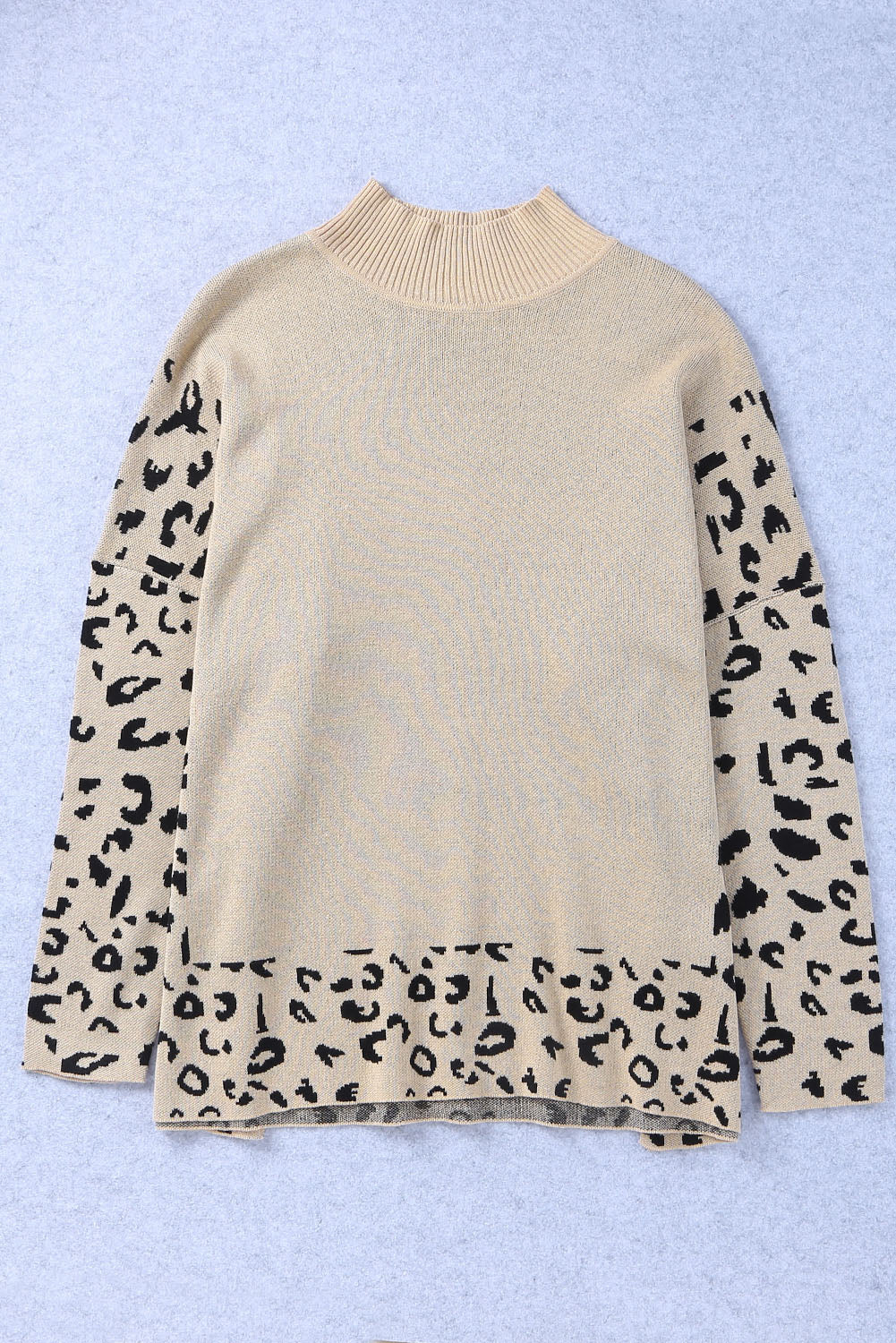 Khaki Leopard High Neck Side Slit Oversized Sweater