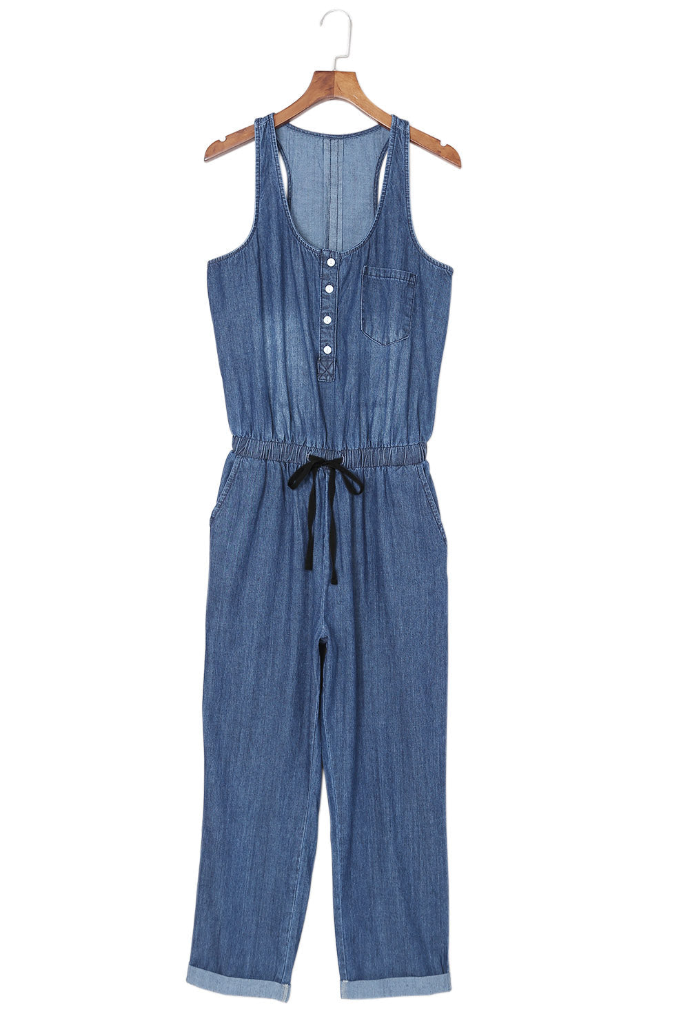 Blue High Waist Buttons Sleeveless Denim Romper