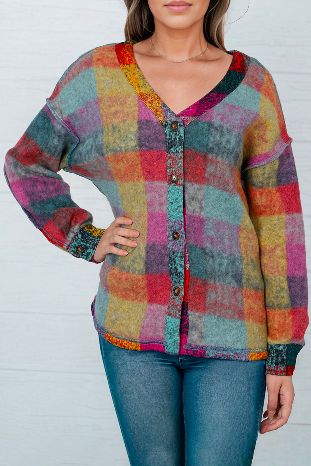 Multicolor Brushed Checked Western Buttoned Jacket