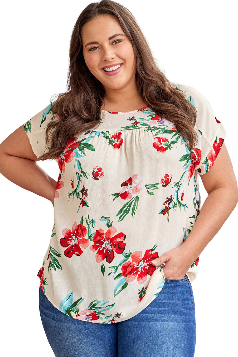 Beige Plus Size Floral Print T-shirt