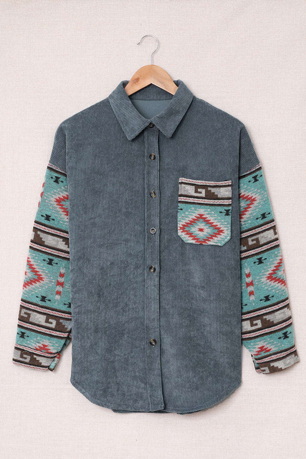 Gray  Aztec Pattern Sleeve Pocketed Corduroy Shacket