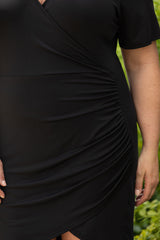 Black Wrap Ruched Short Sleeves Plus Size Mini Dress