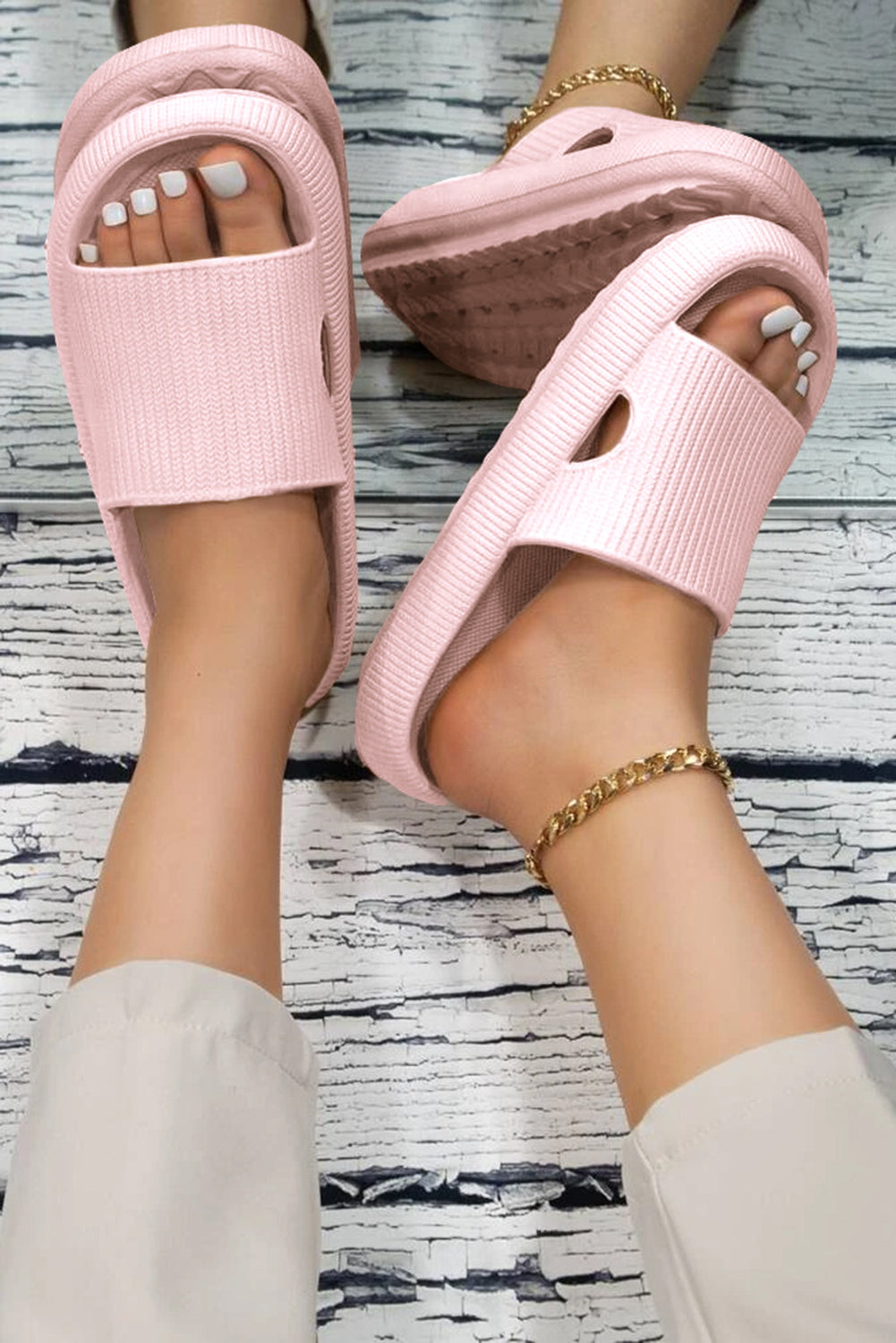 Black Hollow-out Thick Soled Slip On Slippers