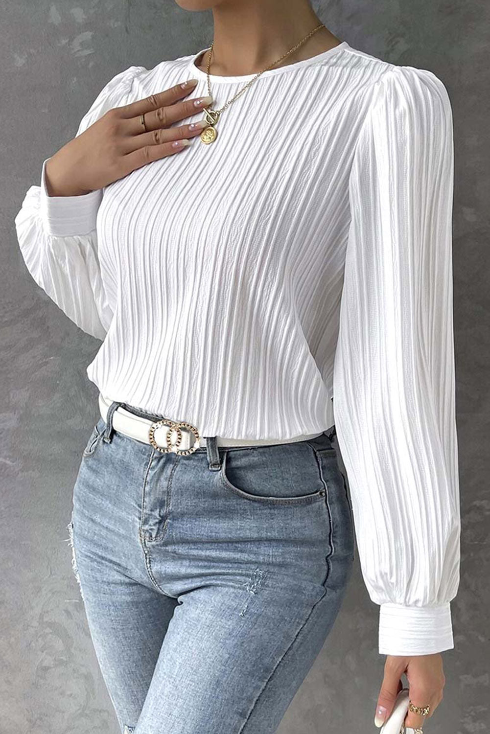 White Ribbed Crewneck Puff Long Sleeve Top