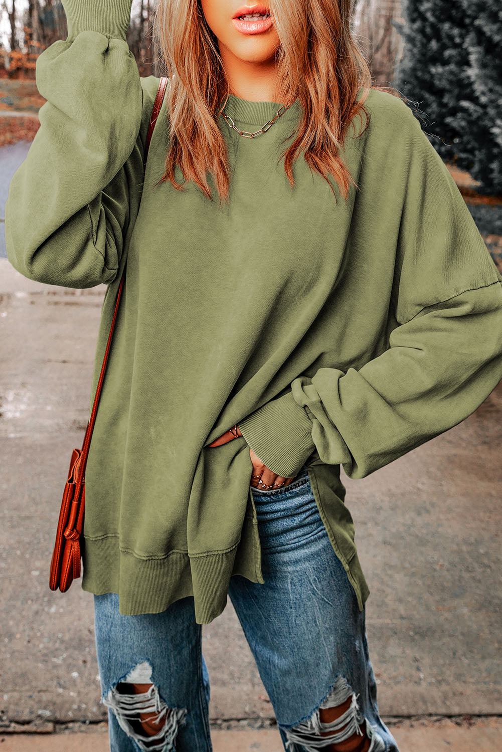 Khaki Drop Shoulder Ribbed Trim Oversized Sweatshirt