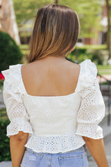 White Ruffle Puff Sleeve Crop Top