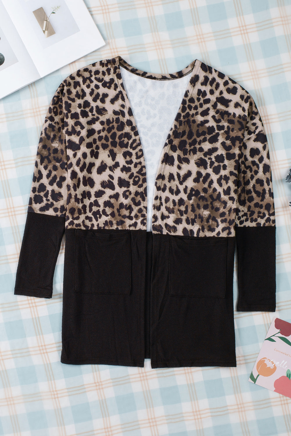 Black Leopard Print Patchwork Pocket Cardigan