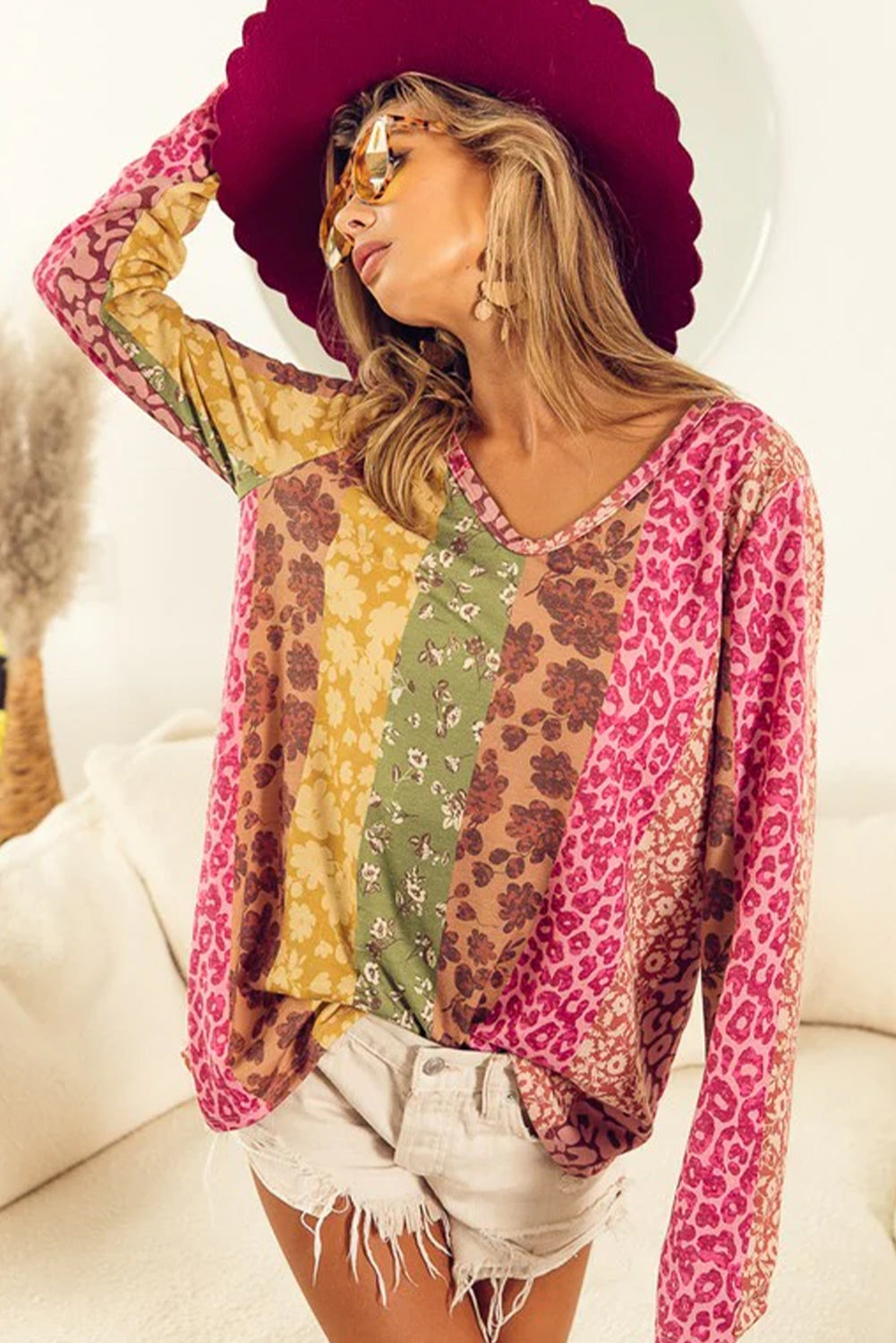 Multicolor Floral Leopard Mixed Print V Neck Long Sleeve Tee