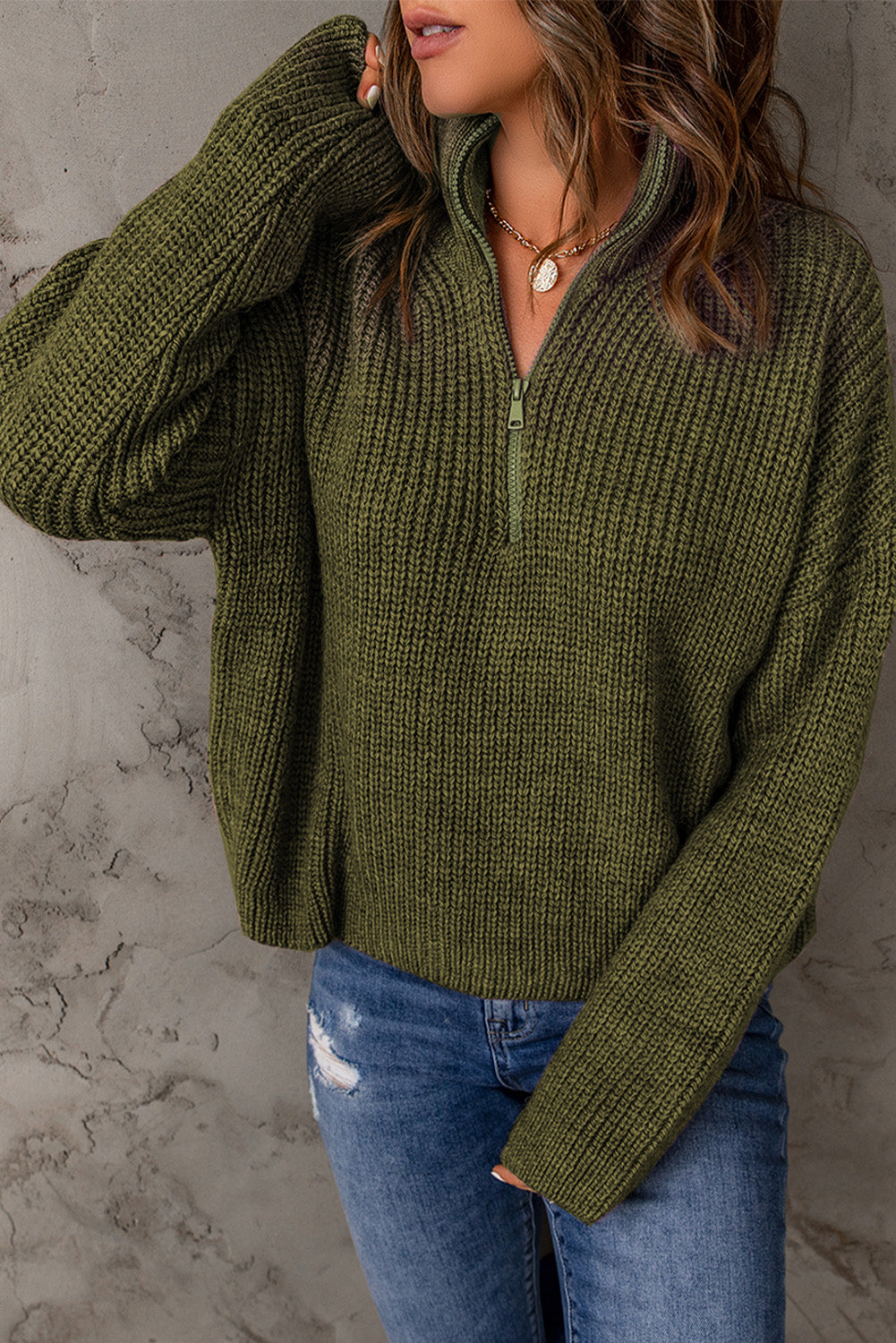 Red Zipped Turtleneck Drop Shoulder Knit Sweater
