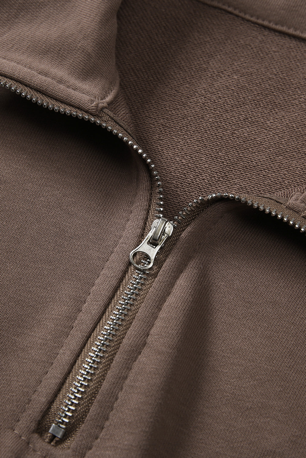 Brown Zipped Turn Down Collar Cropped Sweatshirt with Pocket