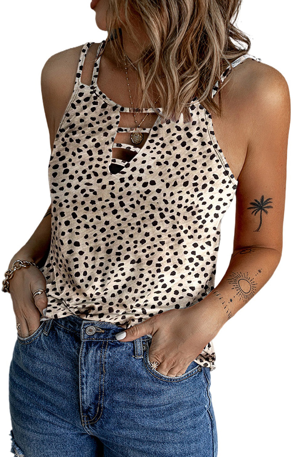 Khaki Leopard Print Ladder Keyhole Tank Top