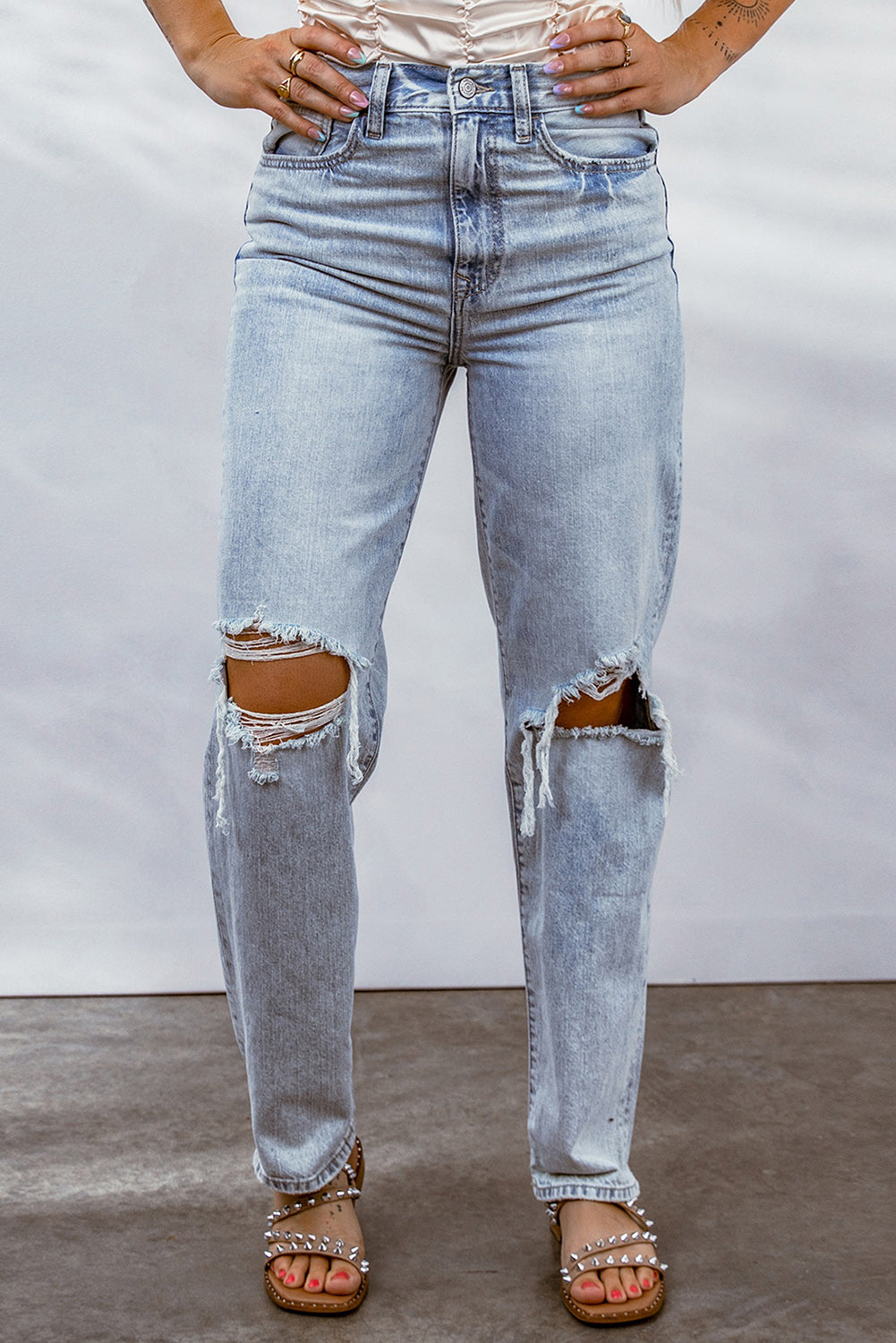 Sky Blue Hollow-out Knee Ripped Boyfriend Jeans