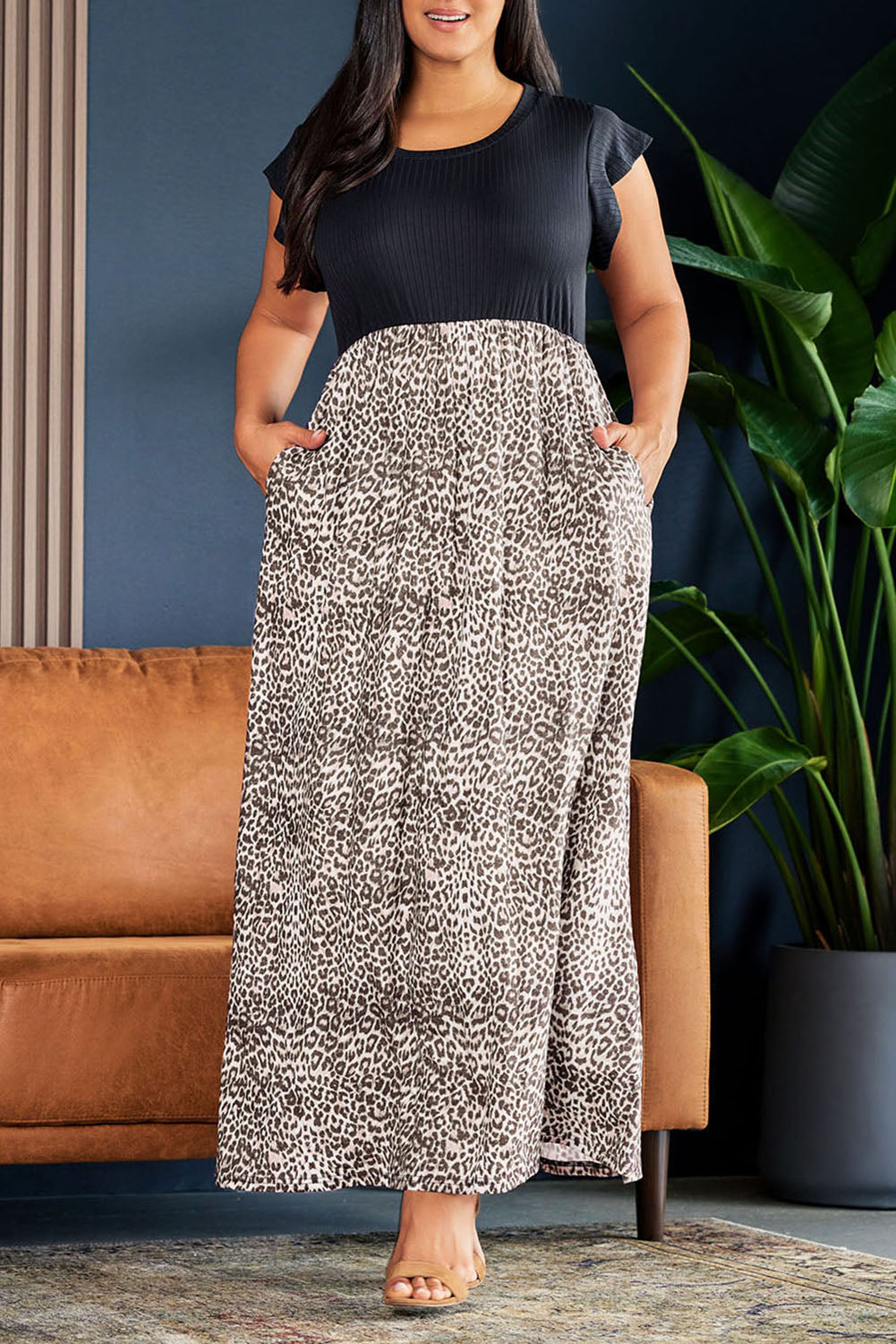 Gray Leopard Patchwork Ribbed Maxi Dress with Pockets