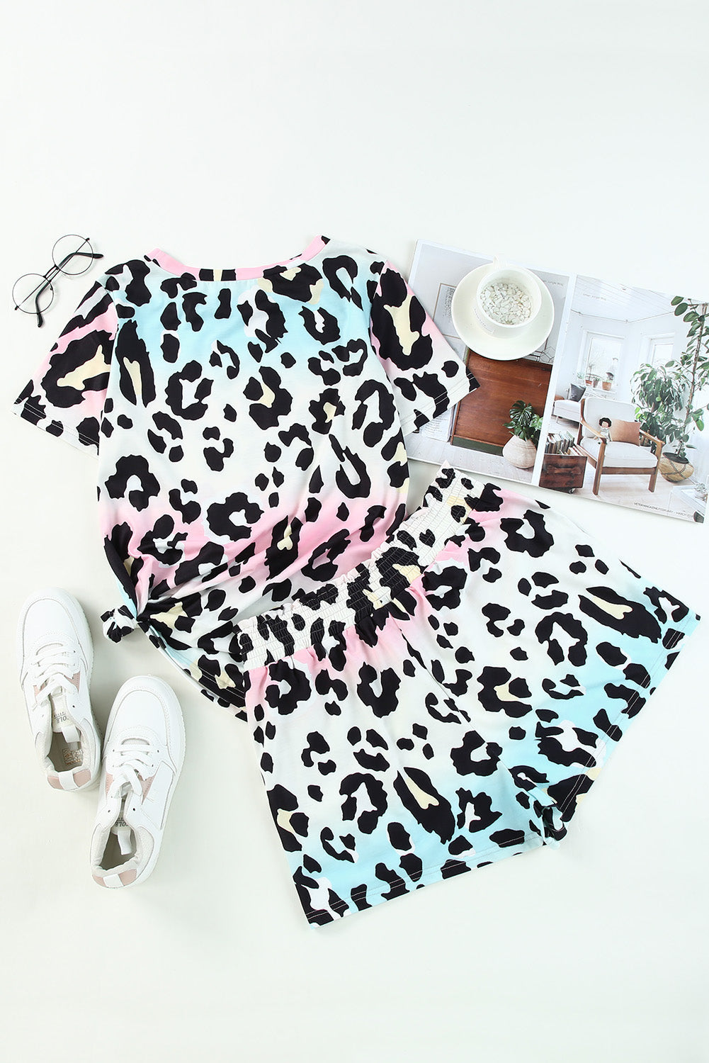 Leopard Tie Dye Print Short Sleeve Lace-up Waist Plus Size Lounge Set