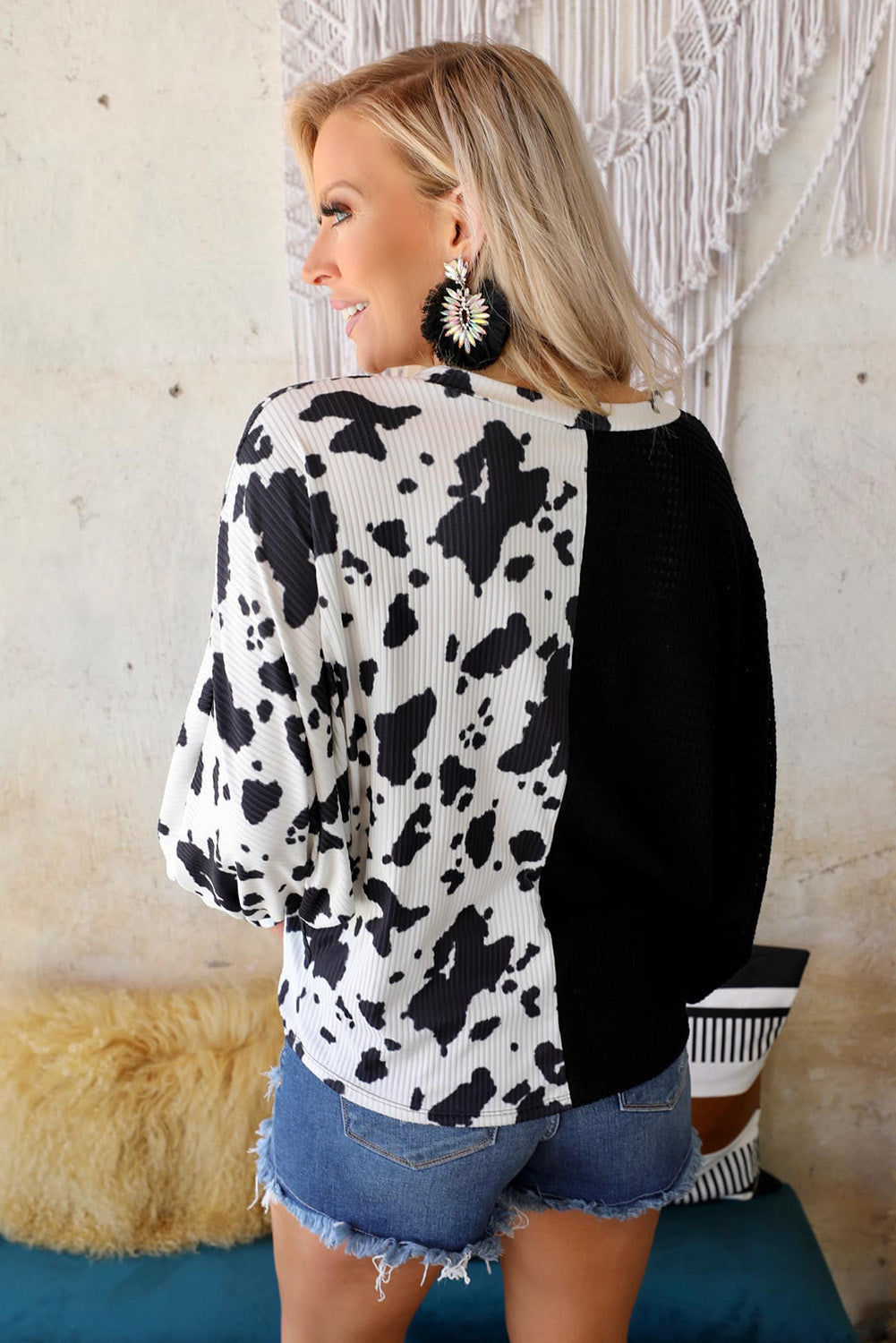 Black Cow Patchwork Waffle Knit Long Sleeve Top