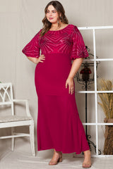 Red Sequin Mesh Open Back Plus Size Maxi Dress