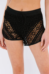 Black Hollow Out Lace Overlay Swim Short Bottom