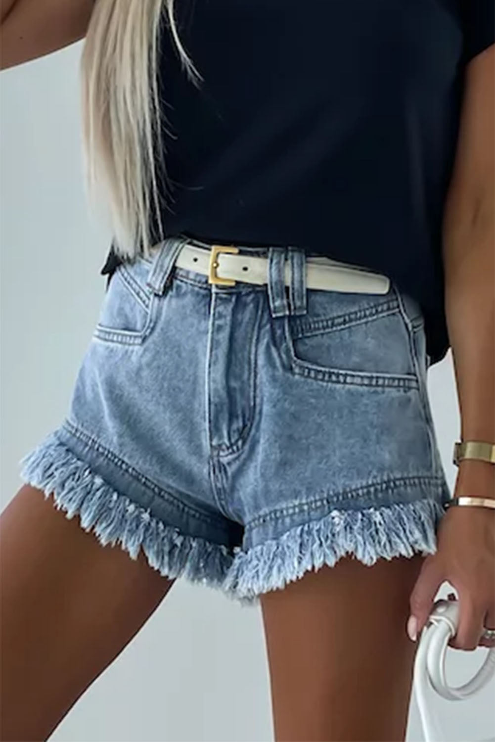 Sky Blue Raw Hem Acid Wash Denim Shorts