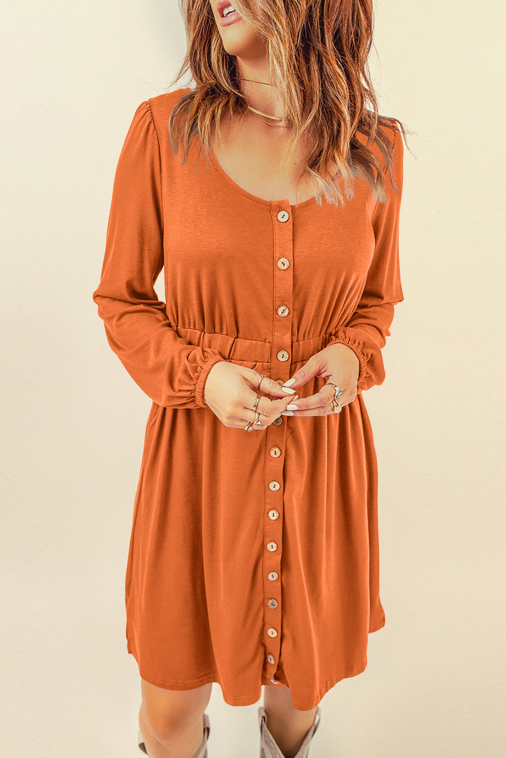 Red Button Up High Waist Long Sleeve Dress