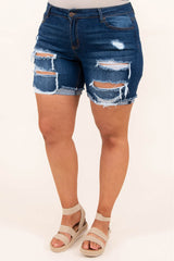 Blue Plus Size Rolled Hem Distressed Denim Shorts