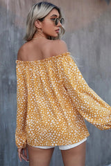 Yellow Floral Print Frill Trim Off-shoulder Lantern Sleeve Blouse