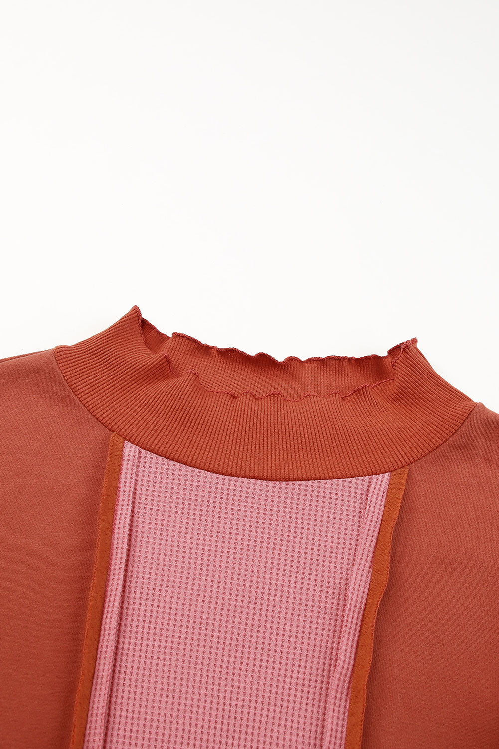 Red Waffle Knit Ripped Exposed Seam	Patchwork Top with Thumbhole