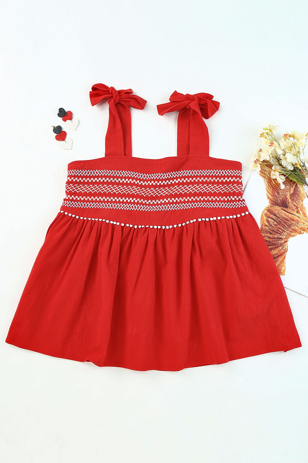 Red Embroidered Babydoll Tie Strap Tank Top