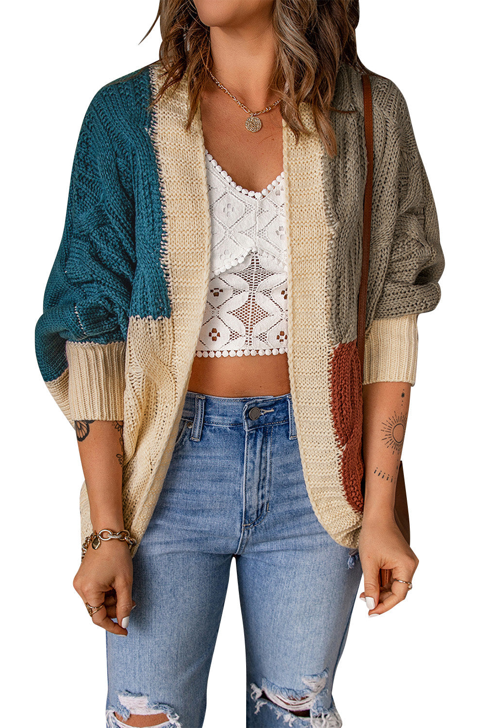 Brown Color Block Loose Open Front Knitted Cardigan